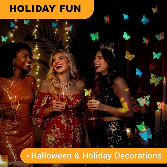 Glow in the Dark Holographic Butterfly Wall Decorations Luminous Color-Changing 3D Butterflies, Multi-Size & Multi-Color, Glowing Wall & Party Decor for Bedroom, Wedding, Garden, Event