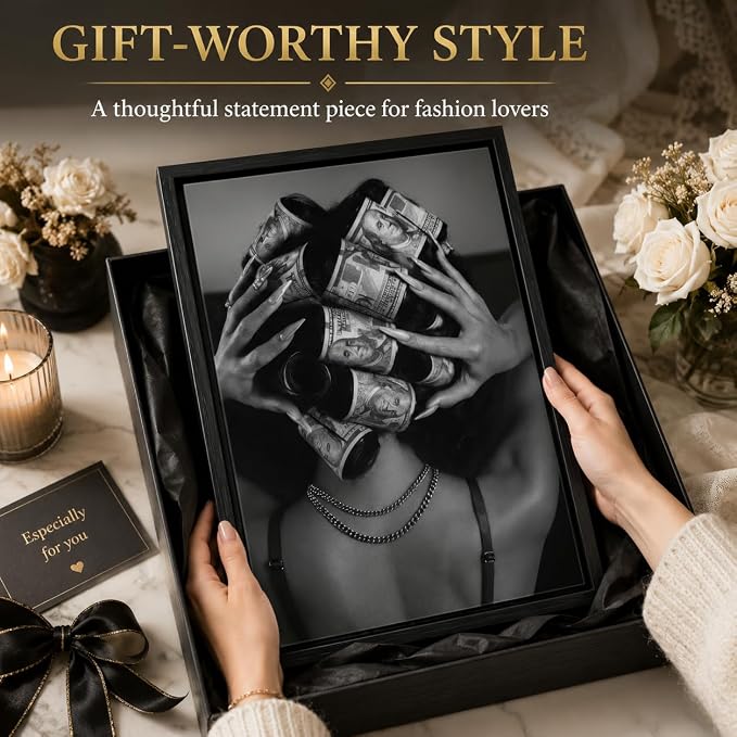 Framed Black and White Fashion Canvas Wall Art Luxury Feminist Picture Wall Decor Trendy Woman with Money on Head Poster Print for Girls Bedroom Apartment Dorm Bar Cart Home Decoration 12x16in
