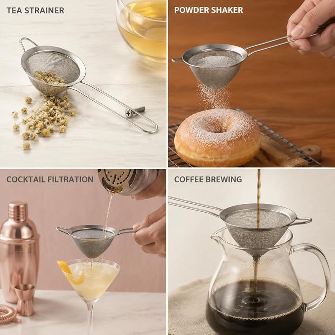 E-far Fine Mesh Strainer Set of 2, 3.3 Inches Stainless Steel Tea Strainer with Long Handle, Small Conical Mesh Strainers Sieve for Cocktail Coffee Food, Rust Proof & Easy to Clean (Silver)