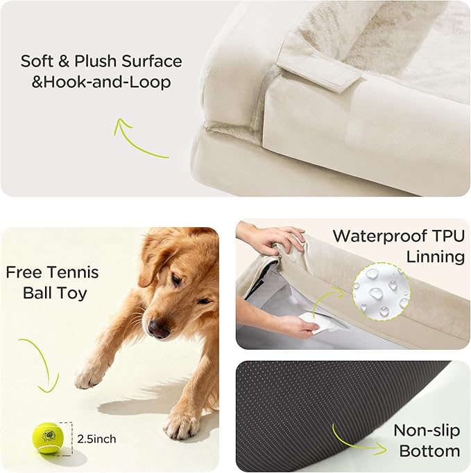 Waterproof Orthopedic Dog Bed for Extra Large Sized Dogs | Memory Foam Pet Bed Sofa with Bolster, Dog Couch with Washable Cover & Non-Slip Bottom, 48x30 Inch, Beige