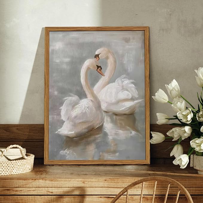 Framed Vintage Swan Canvas Wall Art, Romantic White Swan Paintings Wall Decor, Rustic Animal Pictures Prints Farmhouse Home Decor for Living Room Bedroom 12x16 inch
