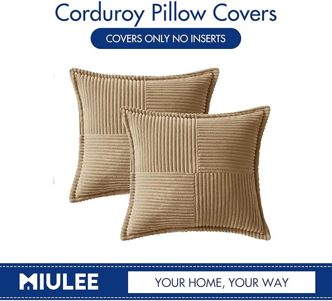 MIULEE Decorative Throw Pillow Covers for Couch 20x20 Inch Khaki 2 Pack | Boho Broadside Striped Patchwork Pillow Covers, Soft Corduroy Cushion Cases, For Sofa Bed Livingroom Home Decor