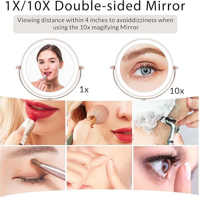 Senshuerjie 7" Rose Gold Glitter Diamond Rhinestone Makeup Mirror,360°Rotate Round Tabletop Vanity Mirror Double Sided 1X/10X HD Undistorted Magnifying Mirror,Portable Vanity Women Gift (Rose Gold)