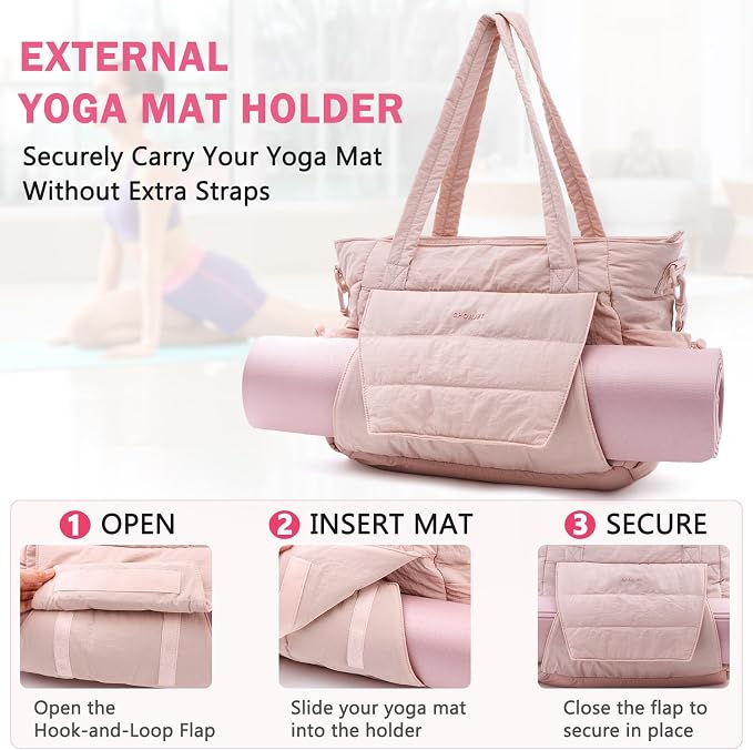 Yoga Tote Bag for Women with Yoga Mat Holder & Luggage Sleeve, Large Pilates Gym Bag with 16" Laptop Compartment, Lightweight Puffer Quilted Travel Tote with Water Bottle Pockets for Work