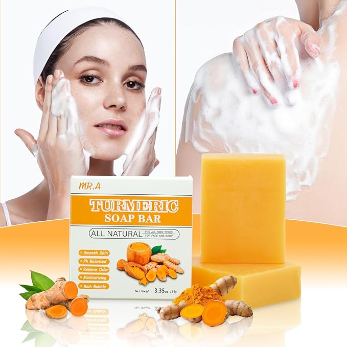 MR.A 2Pcs Turmeric Soap Bar and Turmeric Oil Set for Face & Body, Nautral Ingredients with Vitamin C to Cleanses, Soothing, Hydrating Skin, Turmeric Skin Care Set for All Skin Type