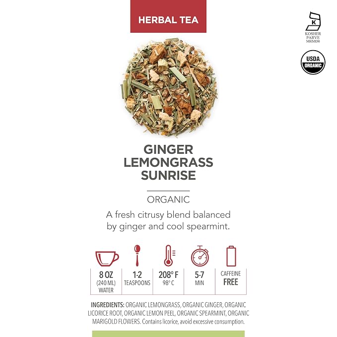 Teabloom Organic Herbal Tea, Ginger Lemongrass Sunrise Loose Leaf Tea, Sweet and Soothing, Fresh Whole Leaf Blend in Reusable Gift Canister, 2.82 oz/80 g Canister Makes 35-50 Cups