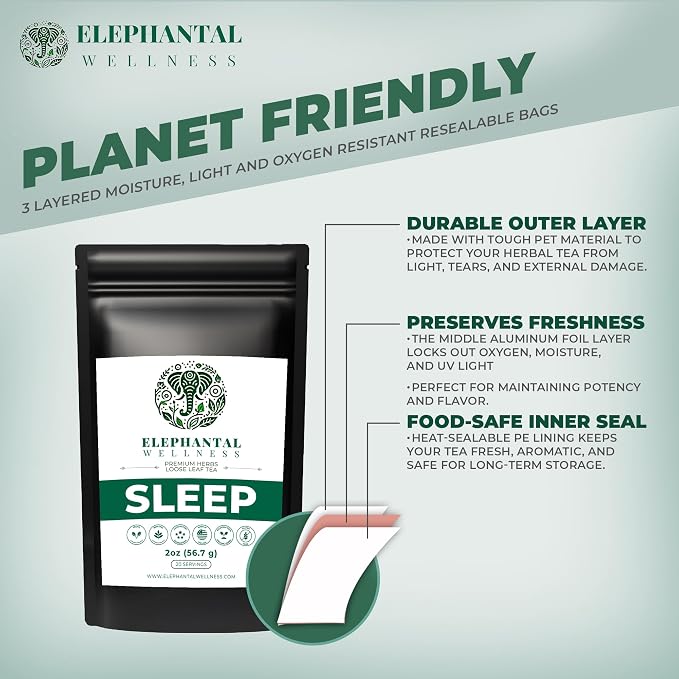 Elephantal Wellness Premium Sleep Herbal Tea | Deep Rest & Relaxation Support with Valerian Root, Passionflower, Chamomile, Lemon Balm Tea & Skullcap | Handmade, Caffeine-Free, Non-GMO Loose Leaf Blend, 2oz, 20 Servings