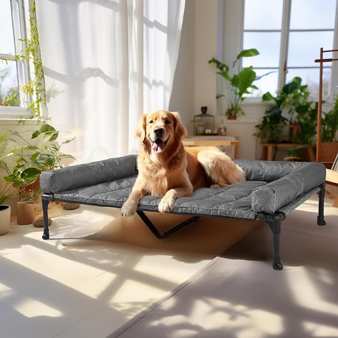 Veehoo Outdoor Elevated Dog Bed with Waterproof Bolster Cushion, Cooling | Raised Dog Bed with Removable & Washable Mat Topper, Breathable Mesh, Dog Couch Cot for Indoor Outdoor, 49", Large, Melange