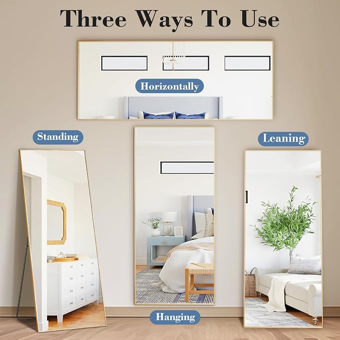 DUMOS 26"x68" Full Length Mirror with Stand, Full Body Floor Mirror | Free Standing or Wall Mount, Nano Glass Aluminum Frame, Hanging or Leaning, Modern Simple Home Decor, Gold