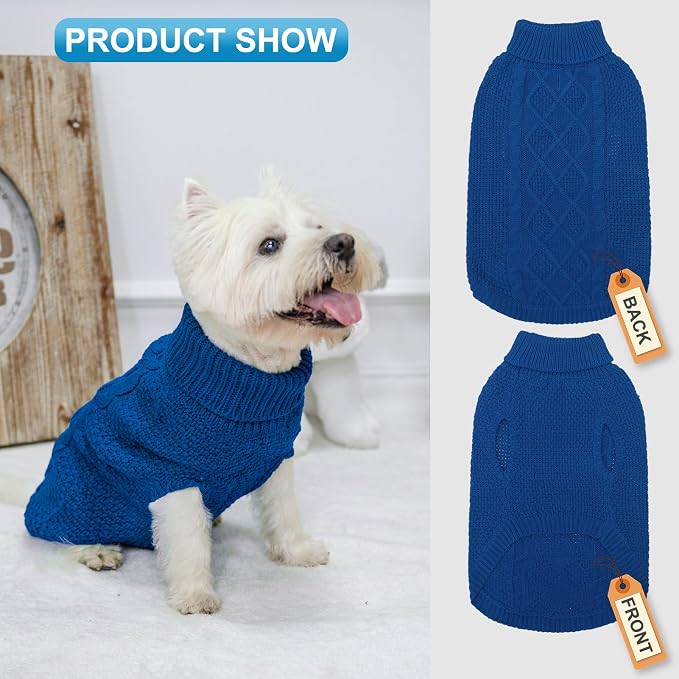 Mihachi Turtleneck Dog Sweater - Winter Coat Apparel Classic Cable Knit Clothes with Leash Hole for Cold Weather, Ideal Gift for Pet in New Year Royal Blue Small/Medium