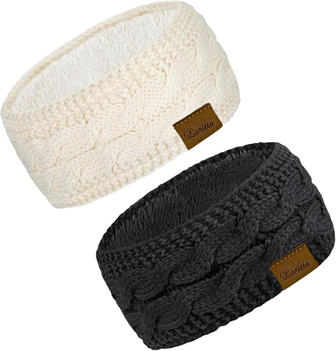 Loritta 2 Pack Headbands for Women Winter Warm Cable Knit Ear Warmer Thick Head Wrap Fuzzy Fleece Lined Gifts