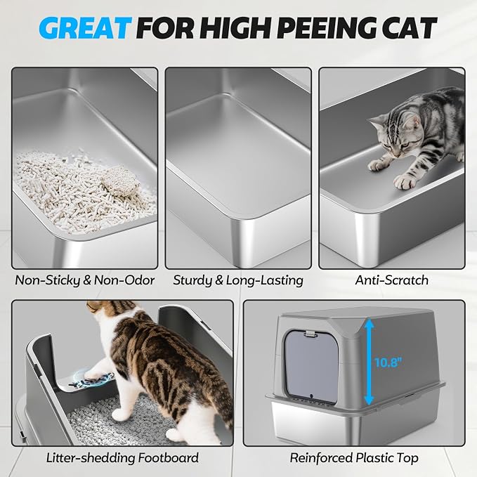 XL Stainless Steel Litter Box with Lid, Enclosed Cat Litter Box,Front Entry | XL for Big Cats, High Sides Enclosed Design, Anti-Urine Leakage, Non-Stick Odor-Free, Easy Clean, Reduce Litter Tracking