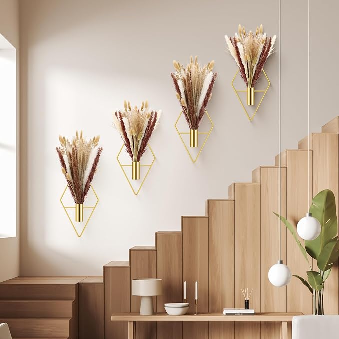 Hanaive 4 Sets Boho Wall Decor Metal Wall Art Hanging Planters with Artificial Pampas Display Modern Home Vase for Bedroom Home Office(Mixed,White，Brown)