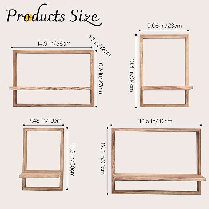 Floating Shelves for Wall,Decorative Wall Shelves,Plants Shelf Framed | Square Wall Decor,Art Sconces Artificial Vases Hanging Storage Shelf for Bathroom Living Room,Wood,Set of 4,Carbonized Black