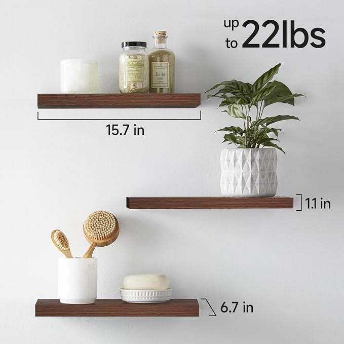 BAYKA Walnut-Like Floating Shelves 15.7in, 3 Pack, Wall Mount Rustic Shelf | 22lbs Max Load, Hidden Bracket, for Bathroom Bedroom Kitchen Display Storage Decor, Easy Install, Multi-Wall Compatible