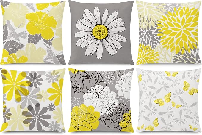 Yellow Throw Pillow Covers 20x20 Set of 6, Large Daisy Floral Home Decor | decorative daisy dahlia, Botanical floral, Large Throw Pillow Size, Breathable Linen, summer Decor Couch Sofa Living Room