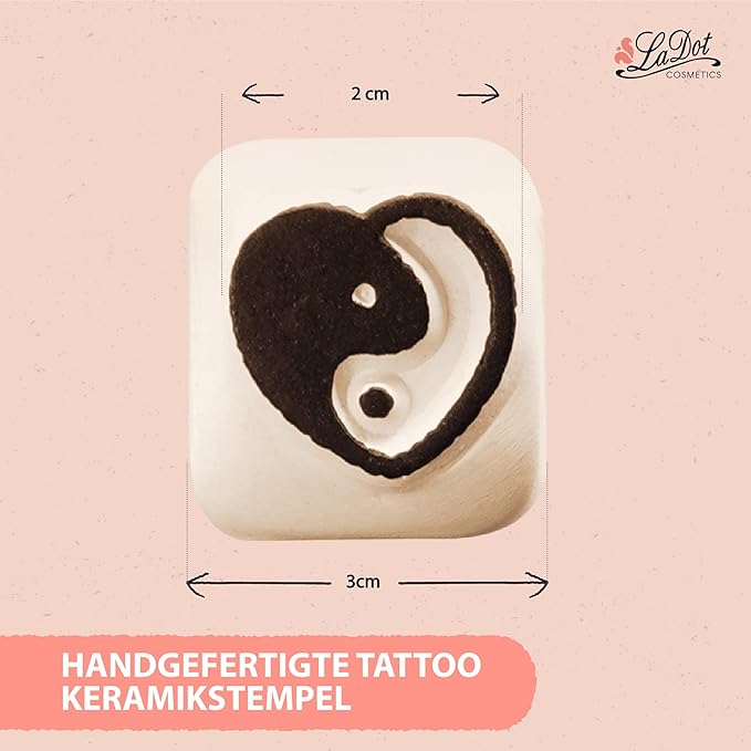 LaDot Temporary Tattoo Stamp– Easy-to-Use Reusable Ceramic Skin Stamp for Creating Custom Temporary Tattoos – Fun Body Art Tool for Parties, Events, and Festivals (Yin Yang Heart, Small)