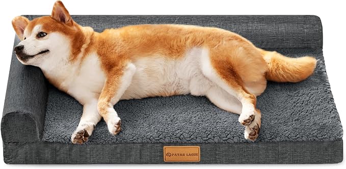 Patas Lague Orthopedic Medium Dog Bed Washable Pet Sofa Bed 30X20 Dark Grey | 2-Sided Bolster Egg-Crate Foam Dog Couch Medium Size Dogs, Waterproof Removable Washable Cover, Nonskid Bottom Pet Crate Mat