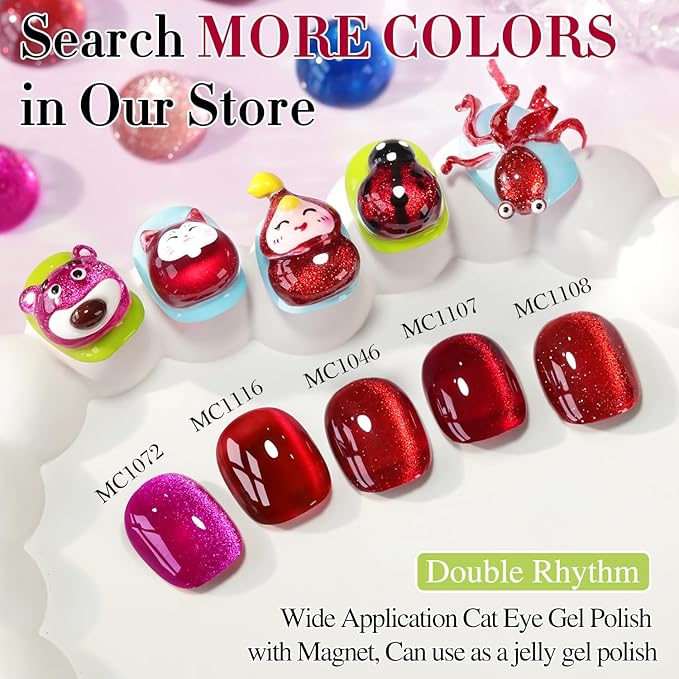 Double Rhythm 15ML Ice Glass Cat Eye Gel Polish with Magnet Holographic Glitter Shimmer Translucent Sheer Color Salon Soak Off Magnetic Nail at Home (Red Glitter-MC1108)