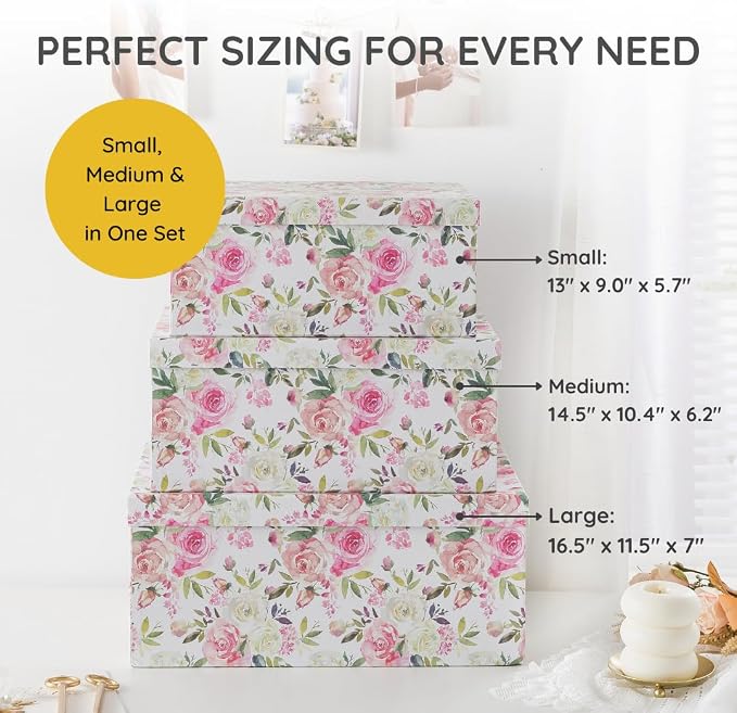 Soul & Lane - Summer Rose Decorative Storage Boxes with Lids, Set of 3 | Large Nesting Cardboard Keepsake Boxes for Photos and Gifts, Pink Vintage Rose Print Containers for Home Decor