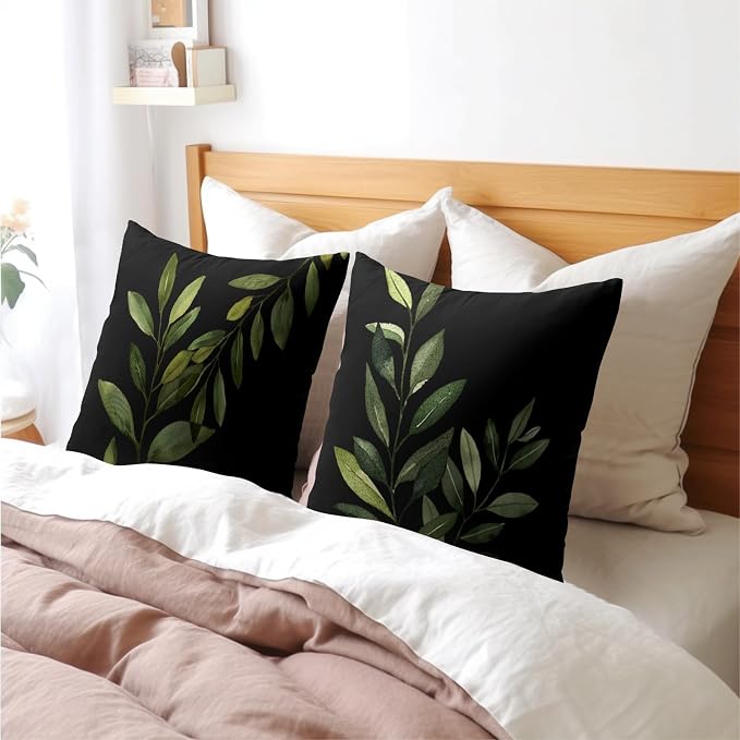 Kawani Green Leaf Throw Pillow Covers 22x22 Inch Set of 2 Spring Summer Plant Leaves Black Decorative Pillow Cases Double Side Printed Cotton Linen Cushion Cover for Couch Sofa Home Decor