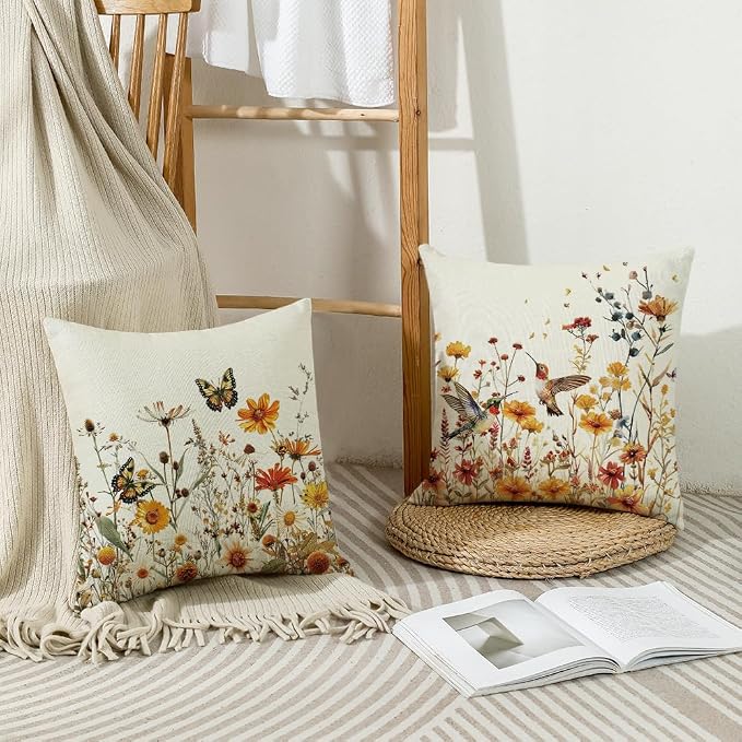 wyooxoo Spring Pillow Covers 18x18 Set of 4 Farmhouse Summer Throw Pillow Covers Floral Decorative Cushion Cases for Sofa Couch Outdoor Bedroom
