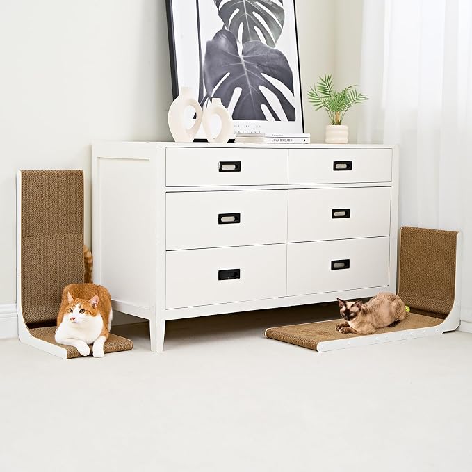 EHEYCIGA Cardboard Cat Scratcher for Indoor Cats, 19 Inch, White | L Shaped Scratching Post, Vertical Cat Scratching Board with Ball Cat Toy, Furniture Protector, Kitten Cat Scratch Pad