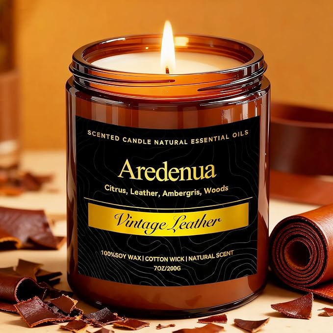 Vintage Leather Scented Candle - Masculine Luxury Soy Candle for Home, Hand Poured Candle Gift for Women & Men, Long Lasting Masculine Leather Scent - Vintage Inspired Home Fragrance