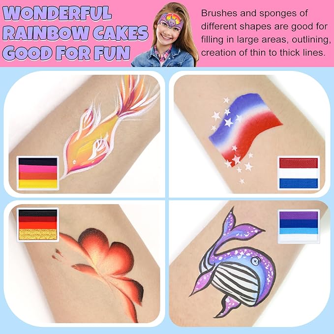 Professional Face Painting Kit for Kids Adults, Rainbow Split Cake Face Paint Palette 12 x 10gm+ 4 Colors Pro Pressed Glitter Eyeshadow Palette, with Brushes Sponges Gems Stencils