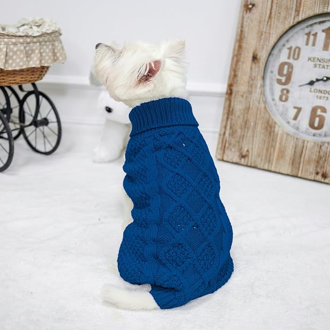 Mihachi Turtleneck Dog Sweater - Winter Coat Apparel Classic Cable Knit Clothes with Leash Hole for Cold Weather, Ideal Gift for Pet in New Year Royal Blue Small