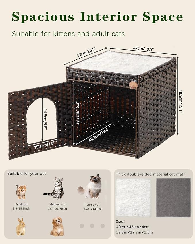 SETVSON Cat Beds for Indoor Cats Extra Large Double PE Rattan, Brown | Spacious Indoor Cat House Condo for Multi-Cats, Dual Layer Hideaway Cave, Reversible Cushion, Collapsible Metal Frame