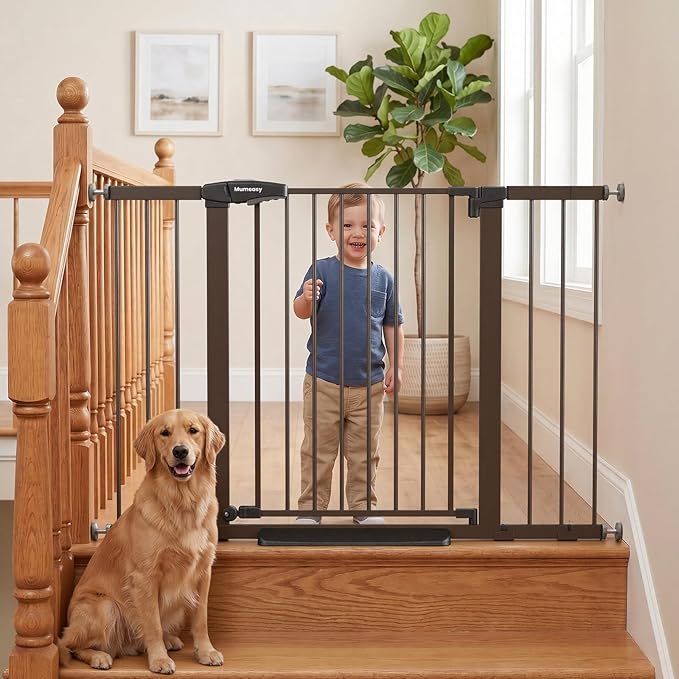 Mumeasy 29.7–48" Baby Gate for Stairs, Dog Gate for Doorways, Auto Close Child Gate, Indoor Safety Pet Gate with Walk Thru Door, Easy Install Pressure Mounted Extra Wide Gate for Kitchen, House, Brown