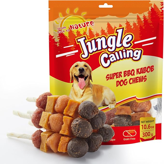 Jungle Calling Multi-Flavor Dog Kabob Treats, Edible Rawhide Stick, 10.6 oz | Premium Snacks for Medium & Large Dogs, Made with Chicken, Duck, Beef, Sweet Potato and Pumpkin, Perfect for Special Moments