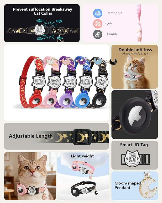 Smart QR Code Cat Collar with Built-in AirTag Holder, Breakaway Adjustable Kitten Collar with Stars and Moon & Glow Pendant, Safety Pet ID Collar for Cats(Red)