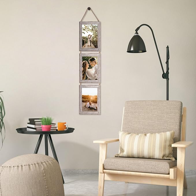 QUTREY 4x6 Picture Frames Collage Rustic, 3 Openings 4 x 6 Vertical Hanging Photo Frames Display 4 by 6 inch Pictures for Wall Decor Home Decor