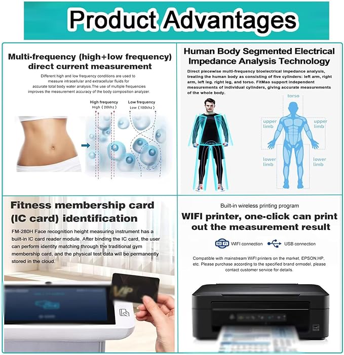 Body Composition Analysis Machine with Printer, 10.1" HD Touch Screen with BIA Technology Body Fat Scale, Body Bmi Analyzer Health Monitor Fat Percentage