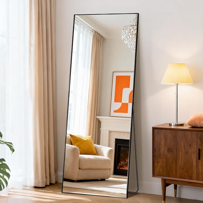 DUMOS 56"x15" Full Length Mirror with Stand, Full Body Floor Mirror | Free Standing or Wall Mount, Nano Glass Aluminum Frame, Hanging or Leaning, Modern Simple Home Decor, Black