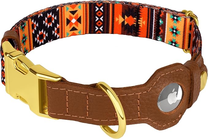 AirTag Dog Collar for Small Medium Large Breed - Adjustable Cute Pattern Dog Collar with Airtag Holder - Soft Leather Tracker GPS Apple Air Tag Pet Collars (Large, 17"-21" Neck Fit, Western)