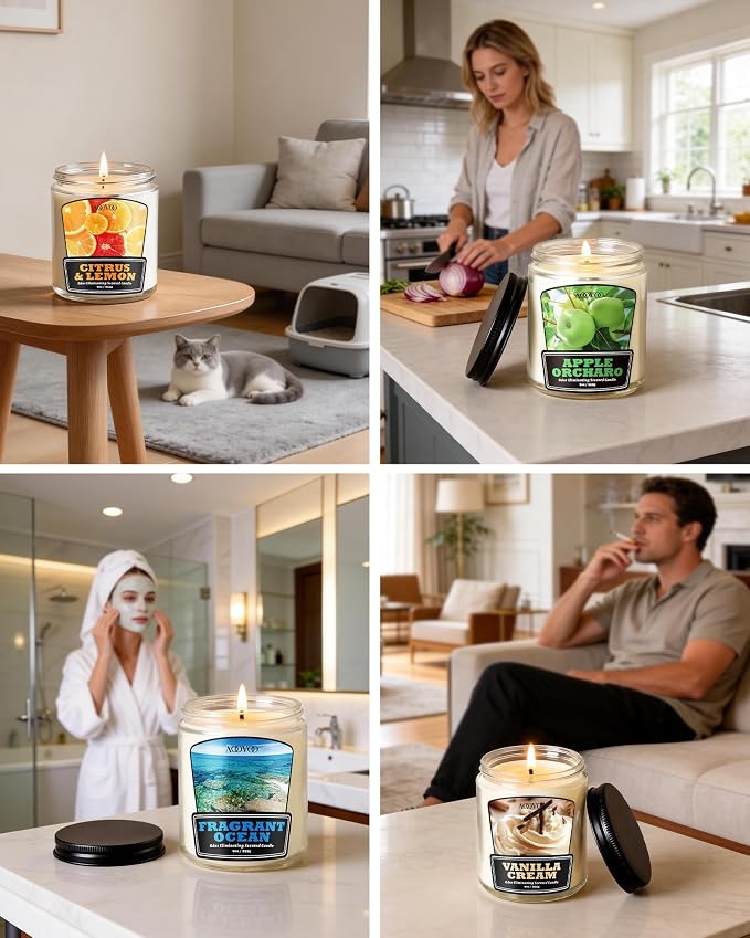 AOOVOO Apple Orcharo Odor Eliminating Candle - Up to 50 Hours Burn time, Eliminates 95% of Pet, Smoke, Food, and Other Smells Quickly, 9 oz Non Toxic Highly Fragranced Air Freshing Soy Candle
