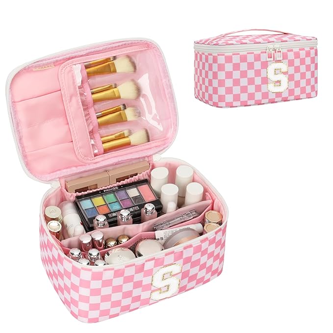 OCHEAL Makeup Bag Valentines Day Gifts for Women, Monogram Cosmetic Bag Pink Travel Makeup Case Beauty Toiletry Bag Organizer Personalized Gifts for Girls Bridesmaid, Sister, Wife, Friends Initial S