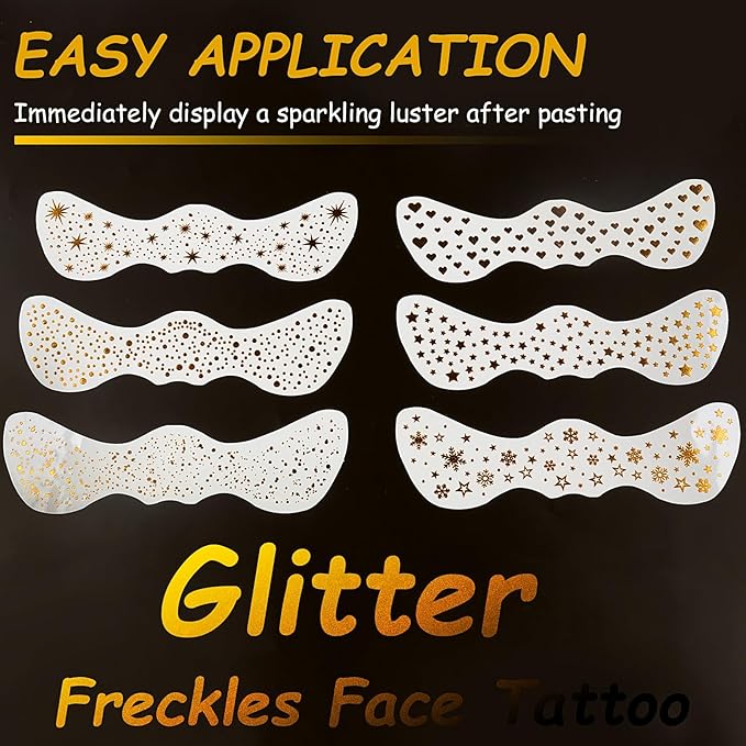 Glitter Freckles Face Tattoo, 6 Sheets Gold Face Makeup Patches, Glitter Freckles, Sparkle Makeup Patches, Sweatproof Waterproof Sparkle Freckles, Fake Freckles for Women