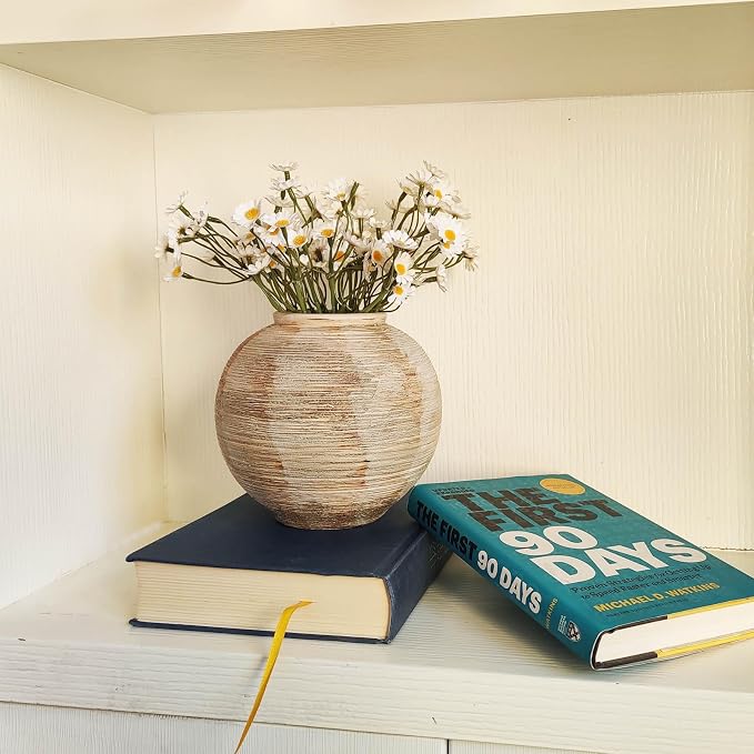 Rustic Ceramic Vintage Farmhouse Vase for Decor (Small Ribbed Beige) | Distressed Texture Vase Home Decor, 6'' Decorative Terracotta Round Bowl vase for Living Room, Table, Shelf, Kichen Décor