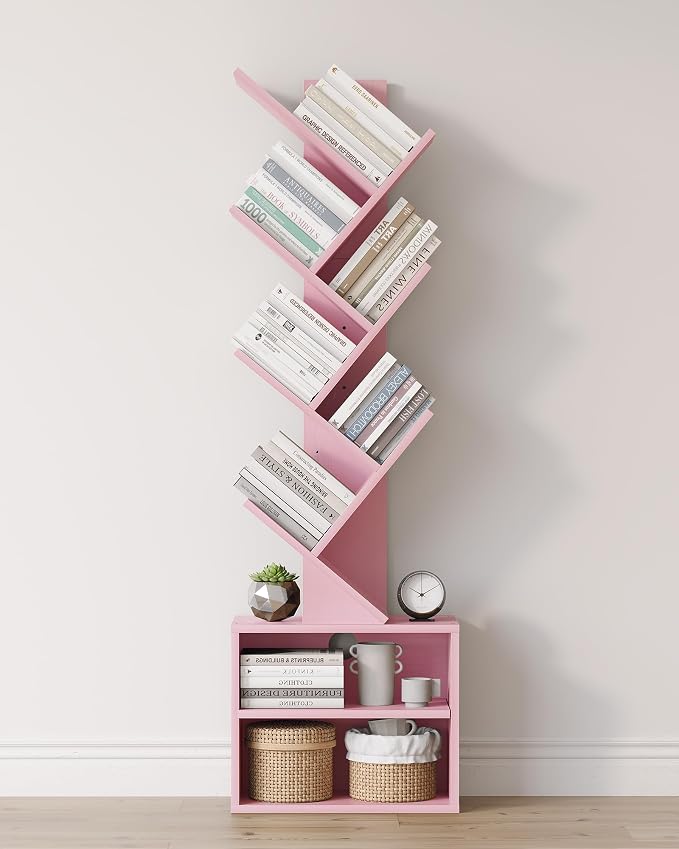 SUNMORY 6 Tier Tree Bookshelf, Tall Small Bookcase with Storage Cabinet | Modern Narrow Bookshelves Organizer, Floor Standing Book Case Shelf for Bedroom Living Room Home Office Corner, Pink