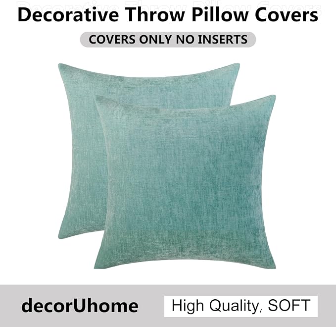 decorUhome Soft Chenille Aqua Haze Throw Pillow Covers 16X16 Set of 2 | Decorative Fall Couch Pillow Covers Solid Dyed Accent Modern Farmhouse Neutral Square Pillow Cases for Sofa
