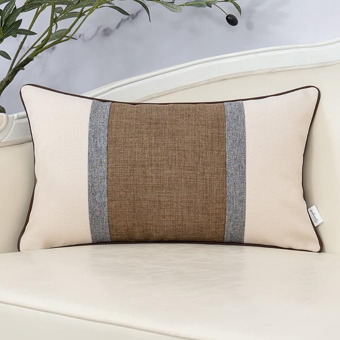 Patchwork Pillow Cover 12x20 Inch Luxury Cotton and Linen Cushion Cover Rectangle Pillowcover for Couch Bedroom Living Room,Brown