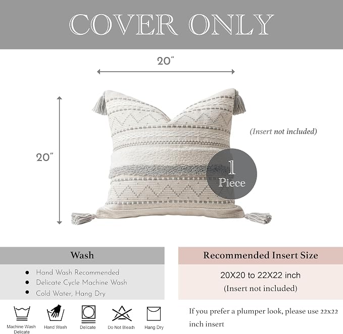 20X20 Throw Pillow Cover, Cream Neutral Square Decorative Cushion Cover with Gray Pattern, Boho Accent Pillowcase with Tufted Details and Tassels for Couch Sofa Living Room (Cover Only)
