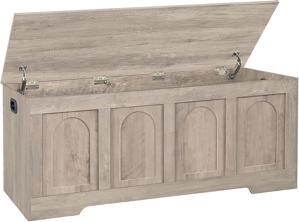 Storage Chest, Wooden Toy Box, Greige 47.2" L | Entryway Shoe Bench, 2 Soft-close Hinges, Finger-safe Flip-Top Lid, Easy Assembly, Farmhouse Large Trunk, Living Room/Bedroom