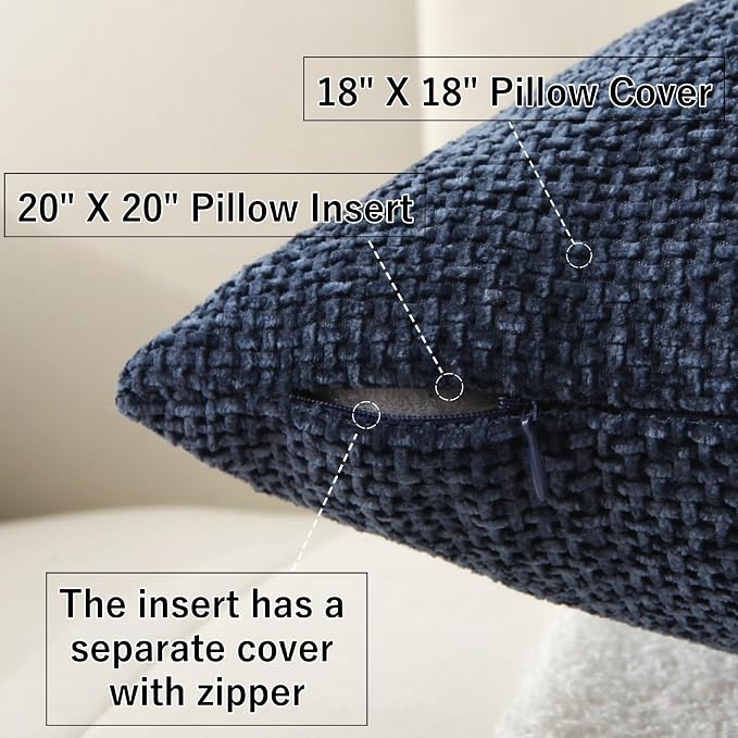 18" x 18" Decorative Throw Pillow with Inserts, Set of 2 Soft Modern Farmhouse Weave Pattern Throw Pillows, Square Boho Pillow for Couch, Bed, Sofa Decor (Navy Blue, 18" x 18"(Pack of 2))