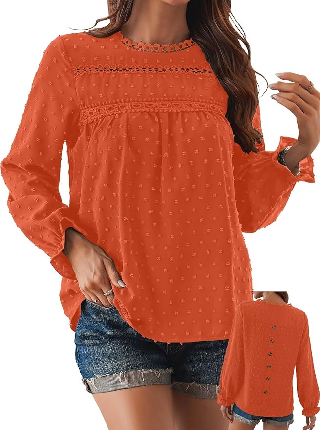 Womens Boho Tops Long Sleeve Shirts For Women Cute Crewneck Blouse Dressy Casual Swiss Dot Crochet Hollow Top 2026