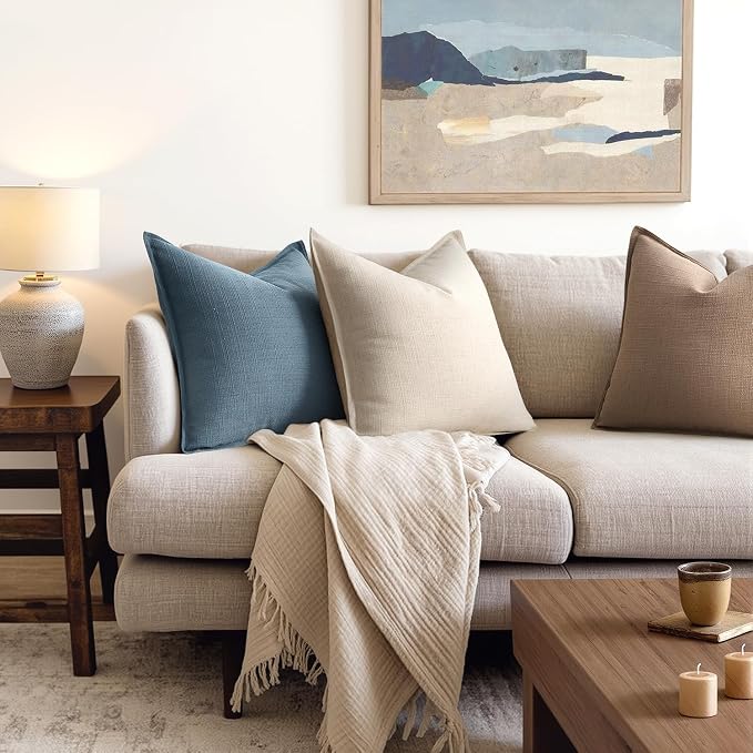 MIULEE Thick Textured Decorative Throw Pillow Covers 20x20 Inch Blue | Set of 2, Linen Blend Pillow Cover, Flange Edge Design, Farmhouse Modern Boho Style, Bed Couch Living Room Decor